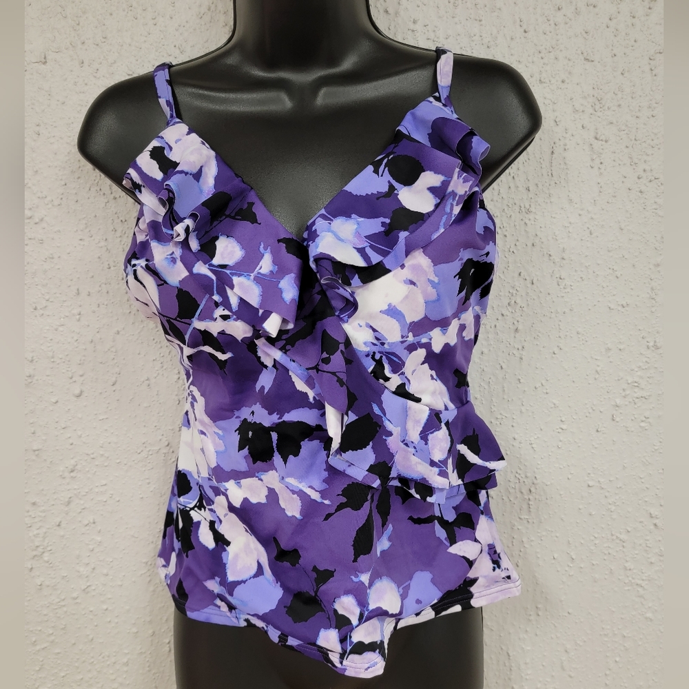 Trimshaper - Women's Tankini Top Size 10 US Purple Ruffle Floral